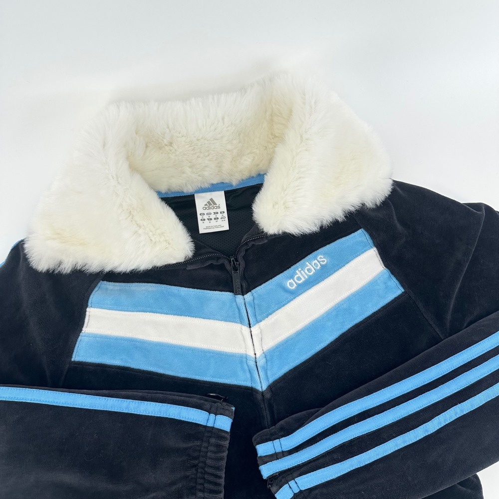 Adidas Vintage Y2K Velour Faux Fur Track Jacket Black Blue White Medium